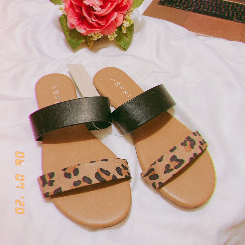 Leopard Print Black Strap Slide Sandals